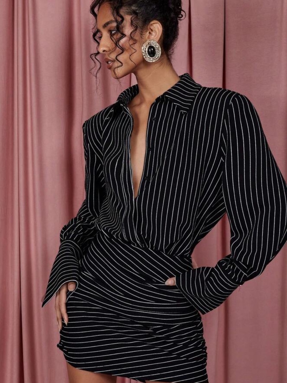 Black Pinstripe Long-Sleeve Wrap Mini Dress